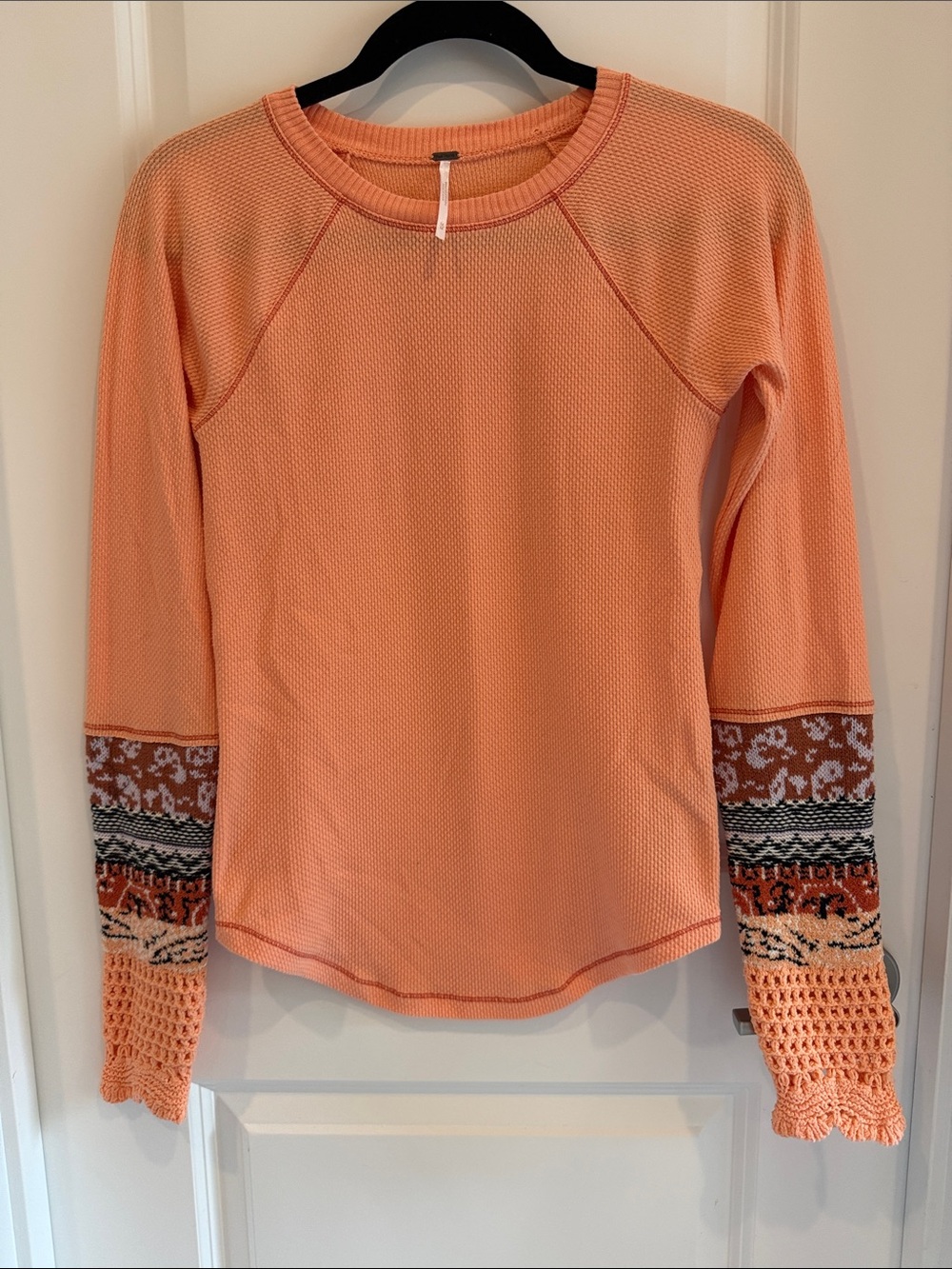 Free People Orange/Peach Crewneck Waffle Long Sleeve with Patterned Cuffs